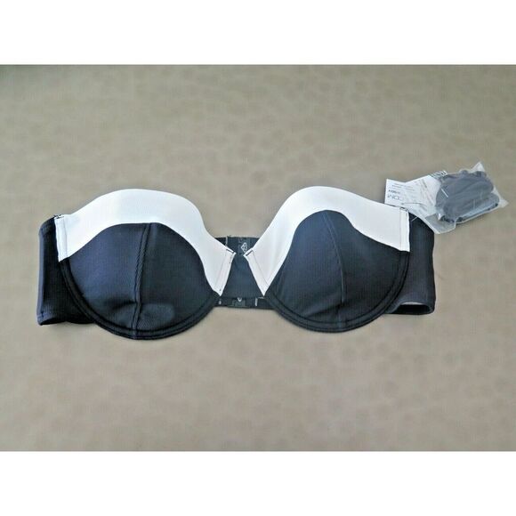 Volcom Sz 14 Simply Solid Rib Bandeau Bikini Top Black White removable straps - Picture 2 of 7